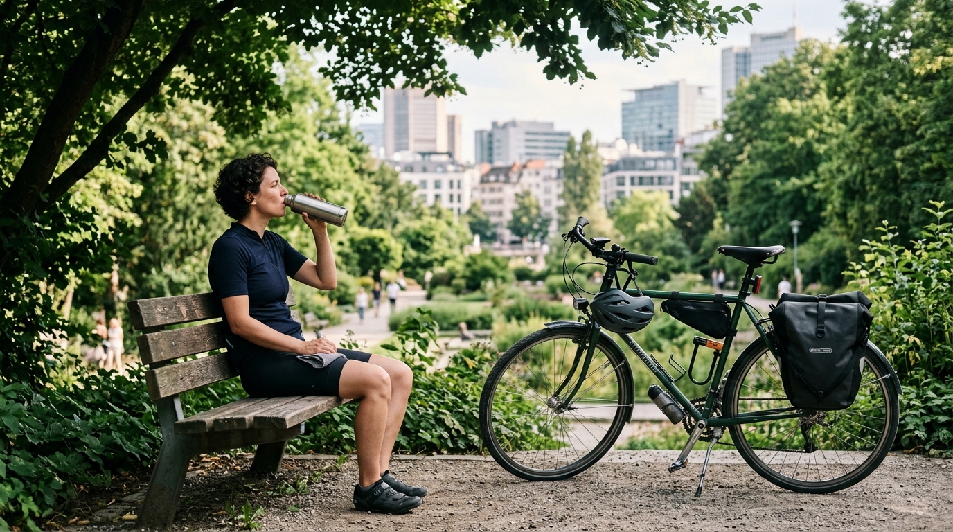 Bicycle commuter taking a shaded hydration break during a hot city ride