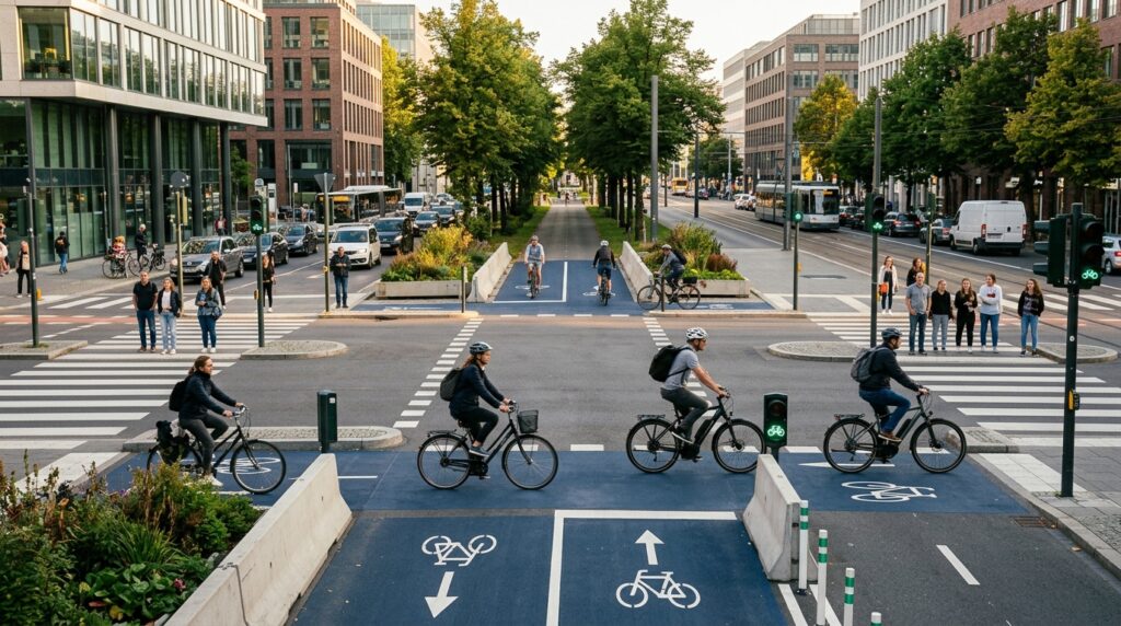 Connected protected bike lane continuing safely through a busy city intersection