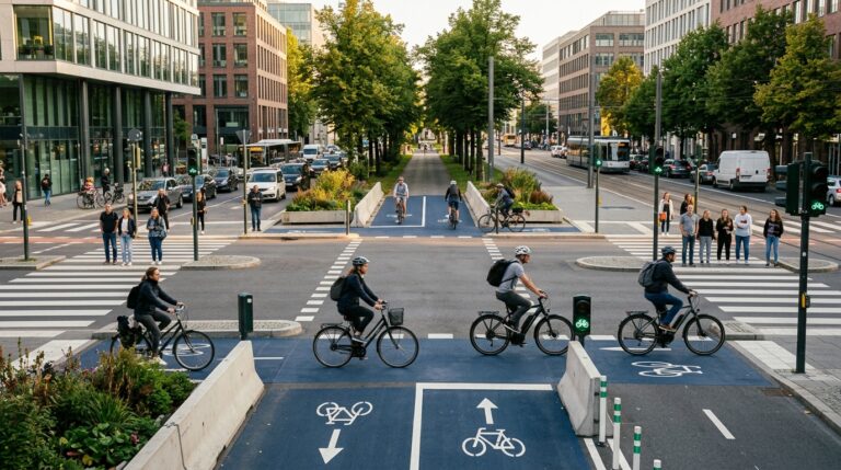 Connected protected bike lane continuing safely through a busy city intersection