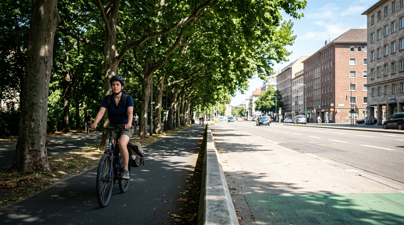 Cyclist riding beneath tree shade on a protected city bike lane during hot weather