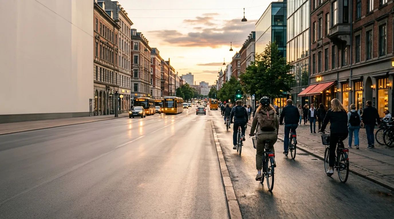 Cyclists traveling through a busy city street surrounded by urban architecture (2)