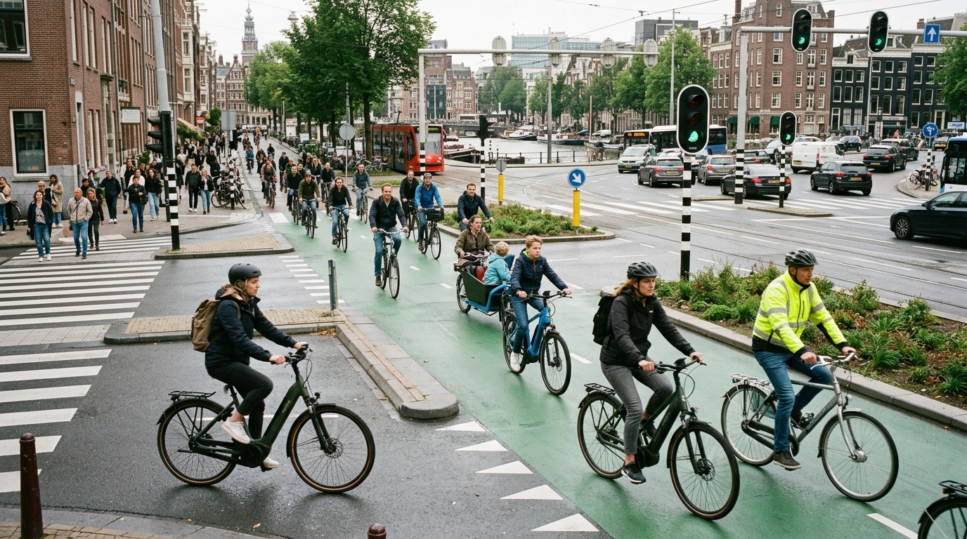 E-bike and bicycle commuters using a protected bike lane in a busy city