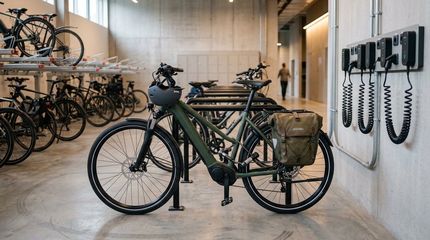 Electric commuter bike parked securely at a workplace cycling facility