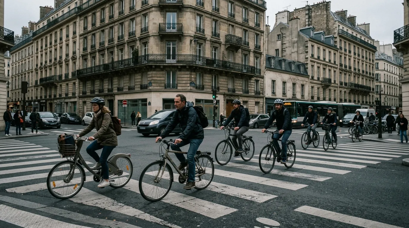 Everyday cyclists moving through an urban intersection