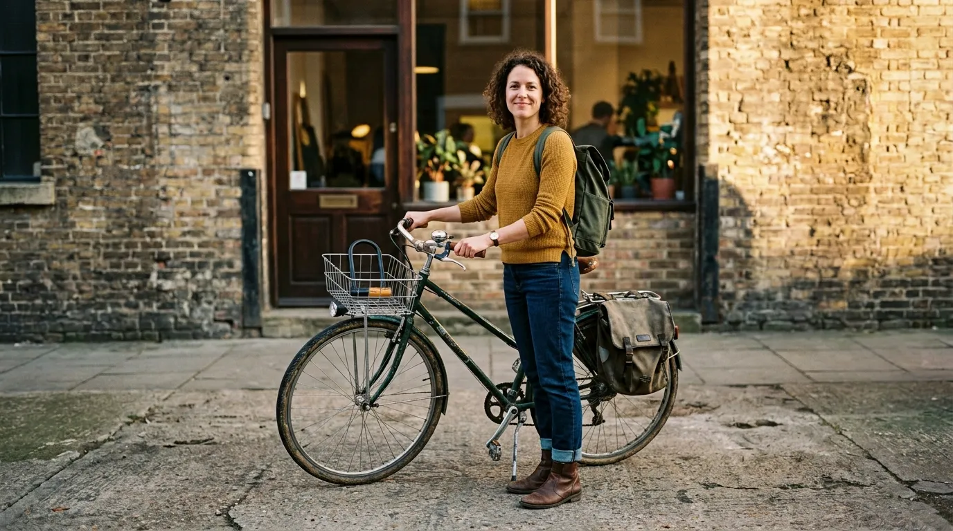 Urban bicycle commuter beside a bike outside a creative city workspace (2)