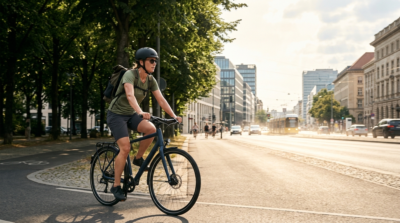 Urban bicycle commuter riding through a city during extreme summer heat