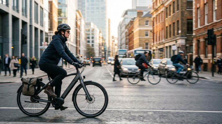 Urban commuter riding an electric bike through a downtown street in 2026