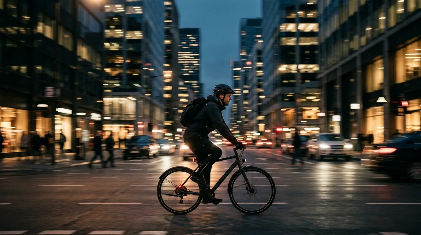 Urban cyclist riding through the city at dusk