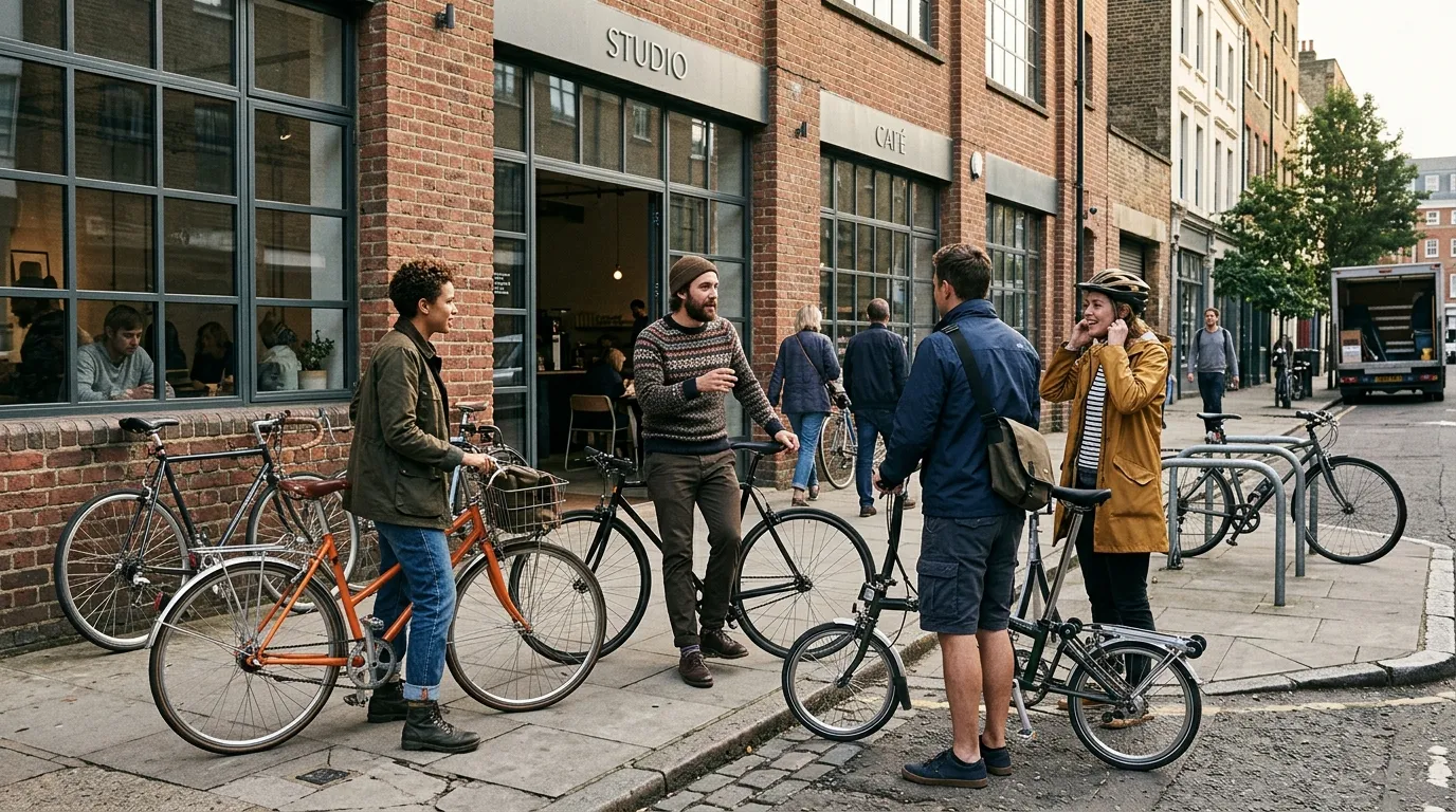Urban cyclists gathering beside their bicycles in the city