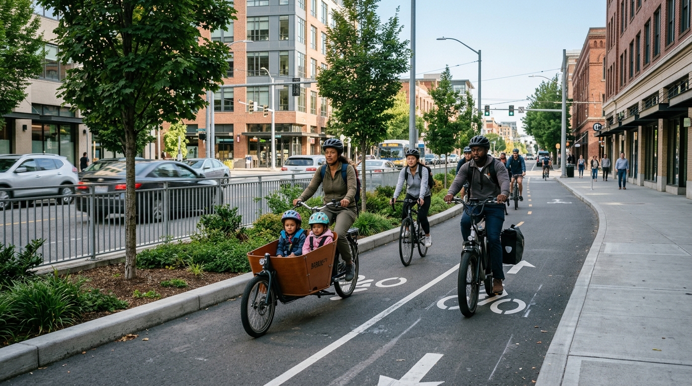Wide protected bike lane carrying cyclists during the morning urban commute